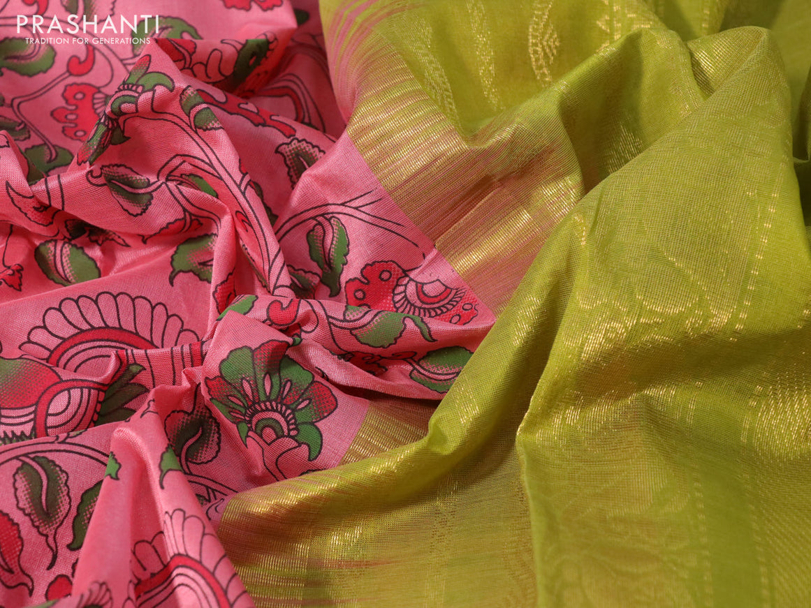 Silk cotton saree peach pink and lime green with allover kalamkari prints and rettapet zari woven korvai border