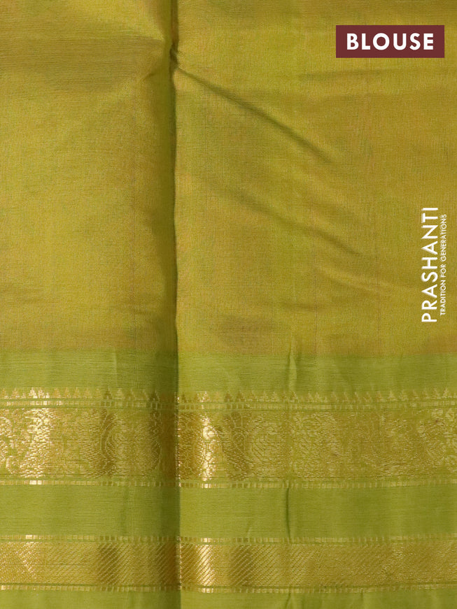 Silk cotton saree peach pink and lime green with allover kalamkari prints and rettapet zari woven korvai border