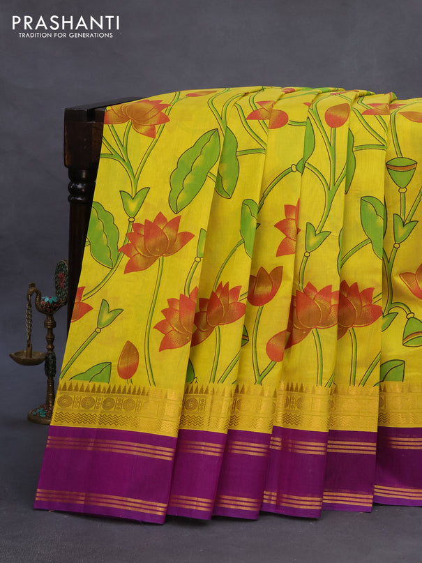 Silk cotton saree lime yellow and purple with allover kalamkari prints and rettapet zari woven korvai border