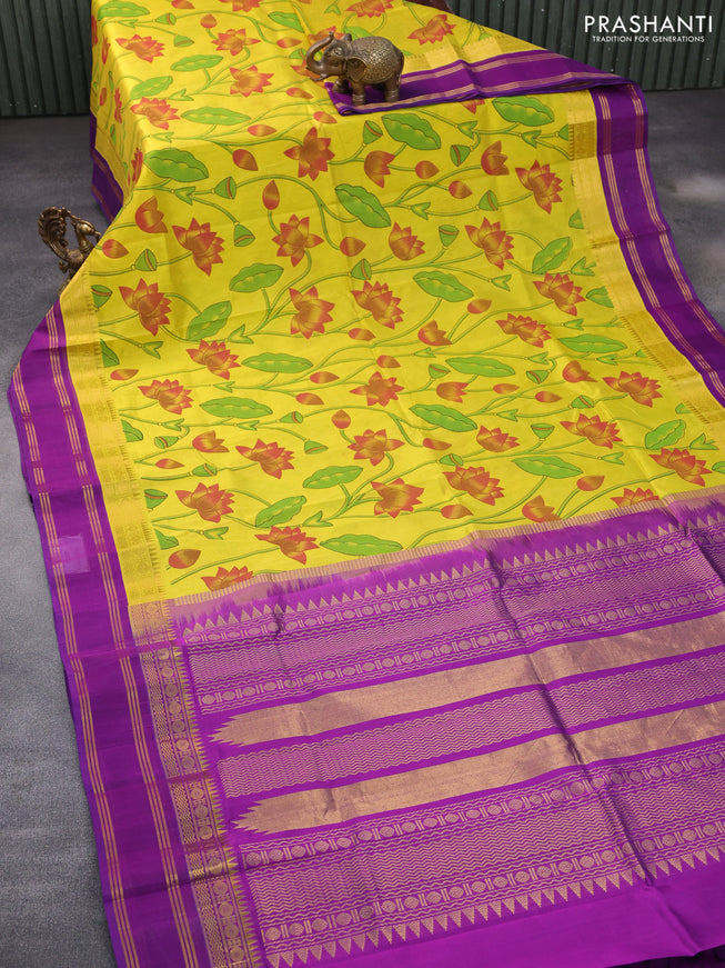 Silk cotton saree lime yellow and purple with allover kalamkari prints and rettapet zari woven korvai border