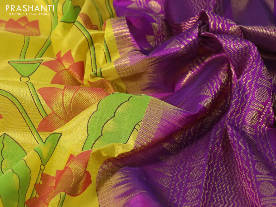 Silk cotton saree lime yellow and purple with allover kalamkari prints and rettapet zari woven korvai border