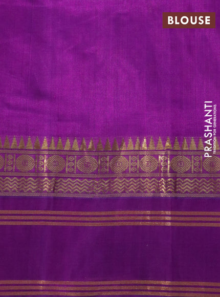 Silk cotton saree lime yellow and purple with allover kalamkari prints and rettapet zari woven korvai border