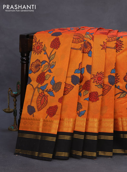 Silk cotton saree orange and black with allover kalamkari prints and rettapet zari woven korvai border