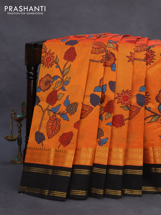 Silk cotton saree orange and black with allover kalamkari prints and rettapet zari woven korvai border