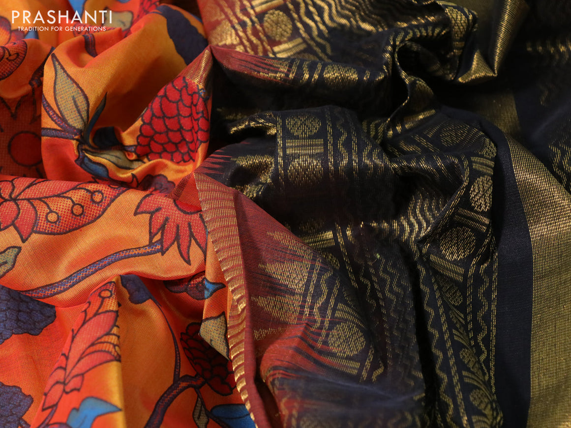 Silk cotton saree orange and black with allover kalamkari prints and rettapet zari woven korvai border