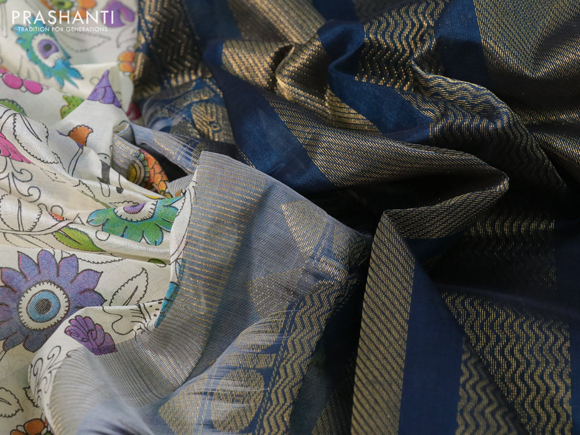 Silk cotton saree cream and peacock blue with allover kalamkari prints and rettapet zari woven korvai border