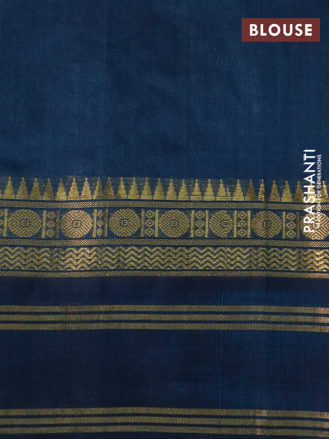 Silk cotton saree cream and peacock blue with allover kalamkari prints and rettapet zari woven korvai border