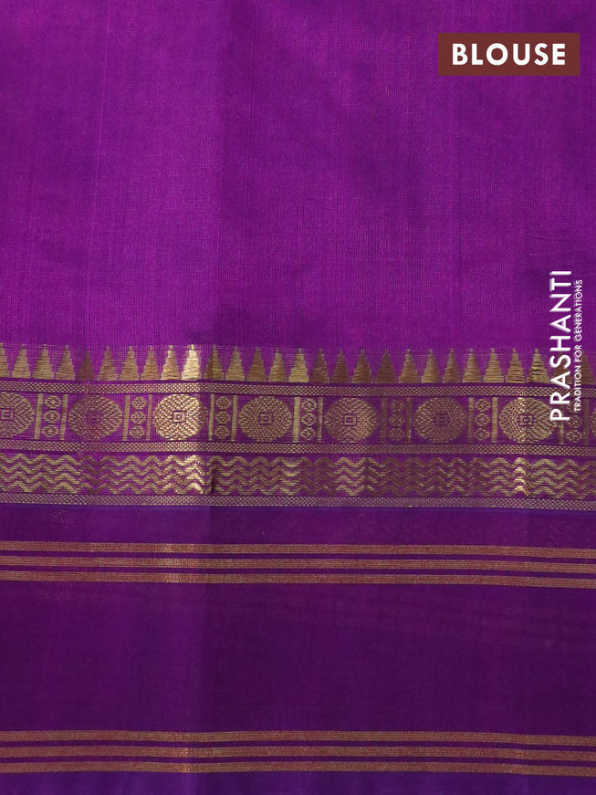 Silk cotton saree lime yellow and purple with allover kalamkari prints and rettapet zari woven korvai border