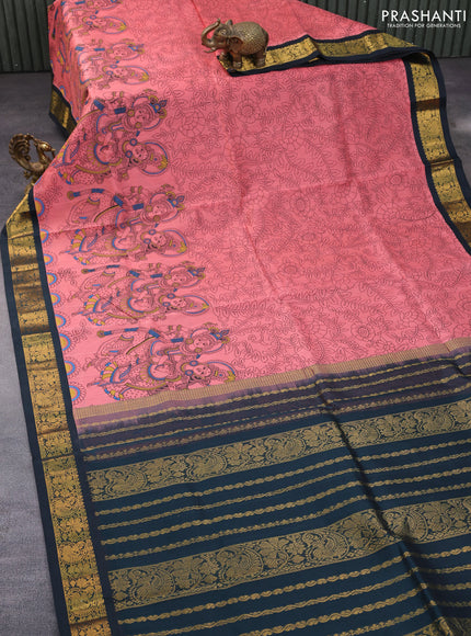 Silk cotton saree peach pink and peacock green with allover kalamkari prints and zari woven korvai border