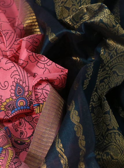 Silk cotton saree peach pink and peacock green with allover kalamkari prints and zari woven korvai border