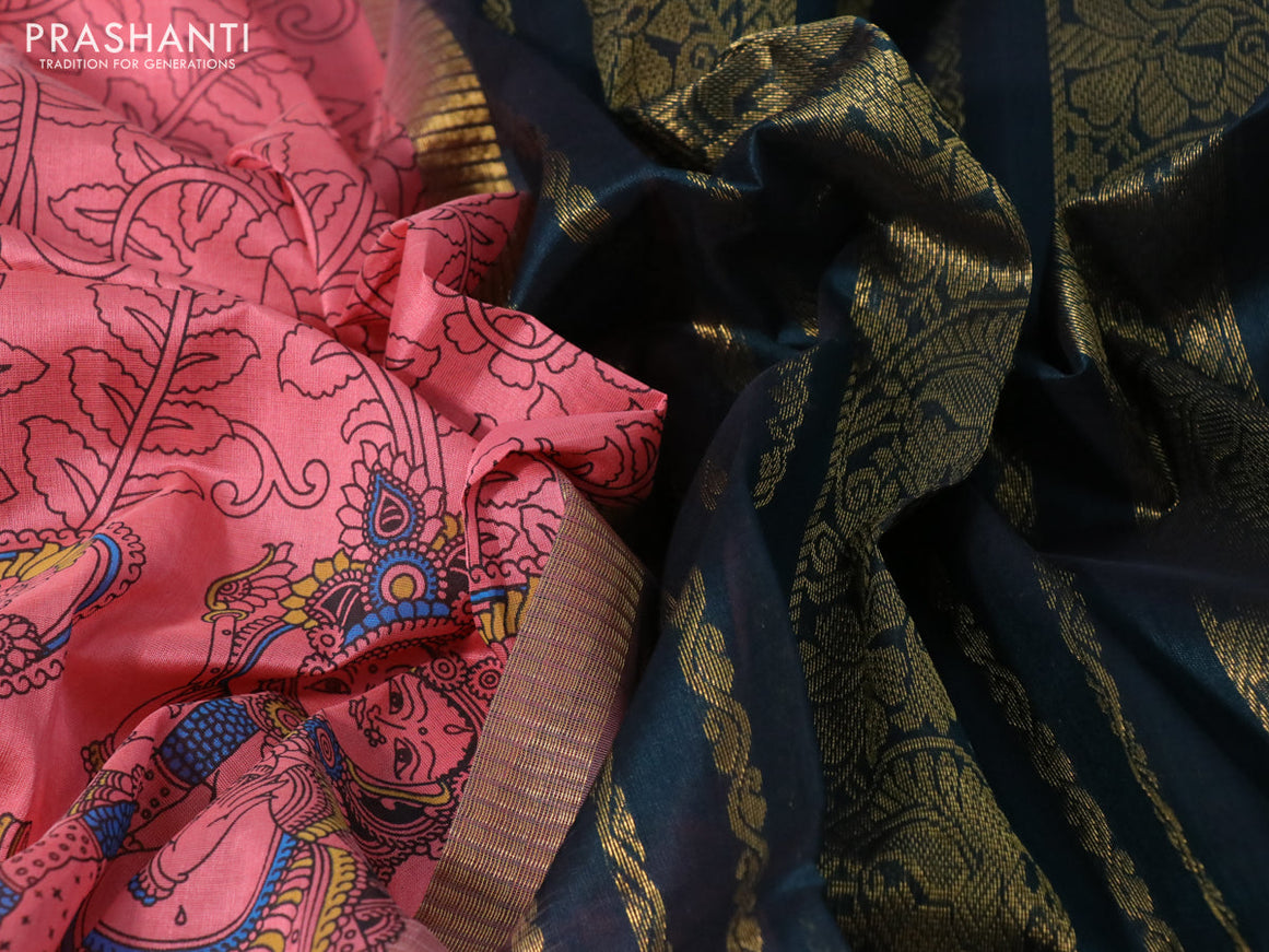 Silk cotton saree peach pink and peacock green with allover kalamkari prints and zari woven korvai border