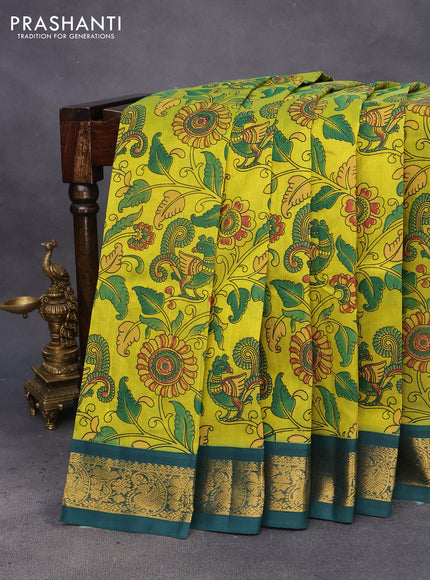 Silk cotton saree lime yellow and dark green with allover kalamkari prints and zari woven korvai border