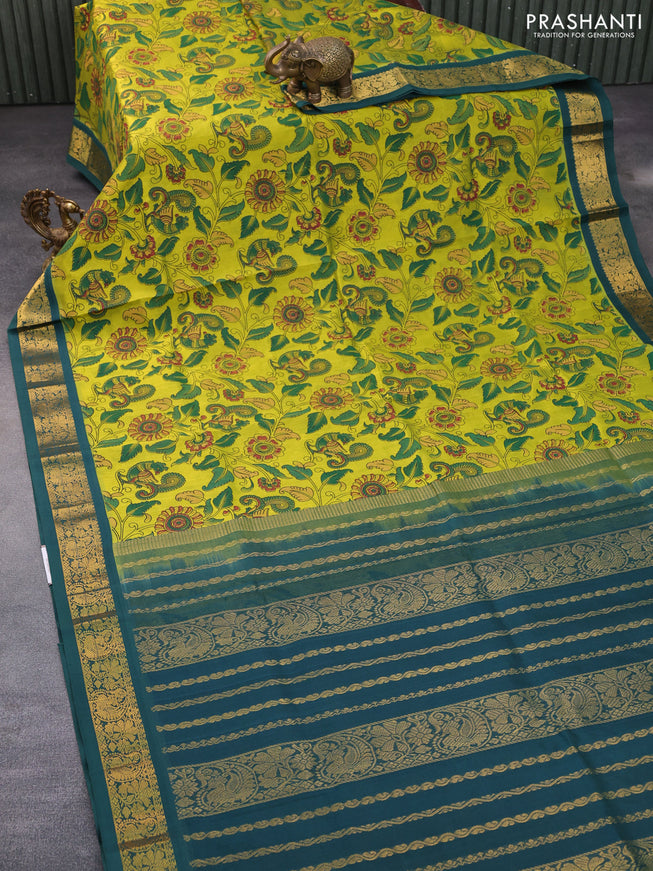 Silk cotton saree lime yellow and dark green with allover kalamkari prints and zari woven korvai border