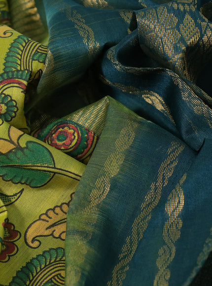 Silk cotton saree lime yellow and dark green with allover kalamkari prints and zari woven korvai border