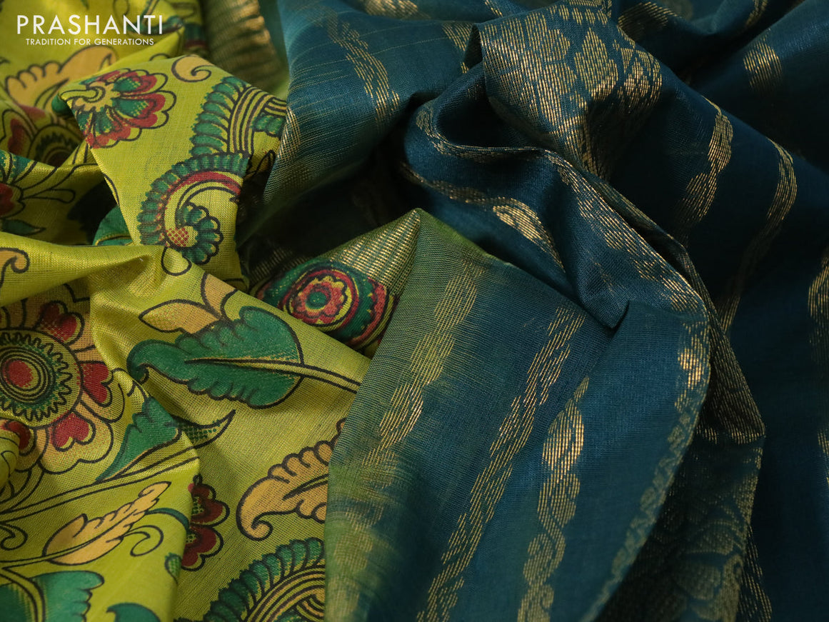 Silk cotton saree lime yellow and dark green with allover kalamkari prints and zari woven korvai border