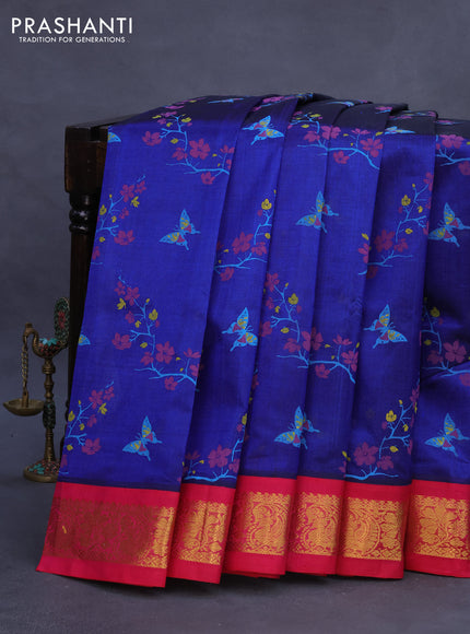 Silk cotton saree blue and pink with allover kalamkari prints and zari woven korvai border