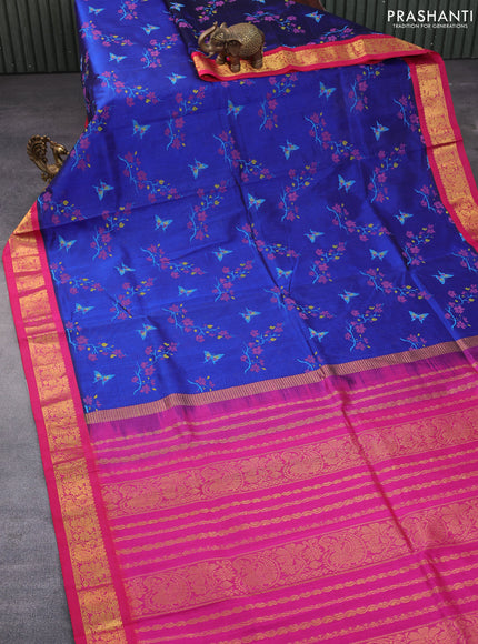 Silk cotton saree blue and pink with allover kalamkari prints and zari woven korvai border