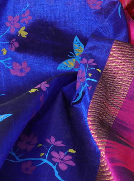 Silk cotton saree blue and pink with allover kalamkari prints and zari woven korvai border