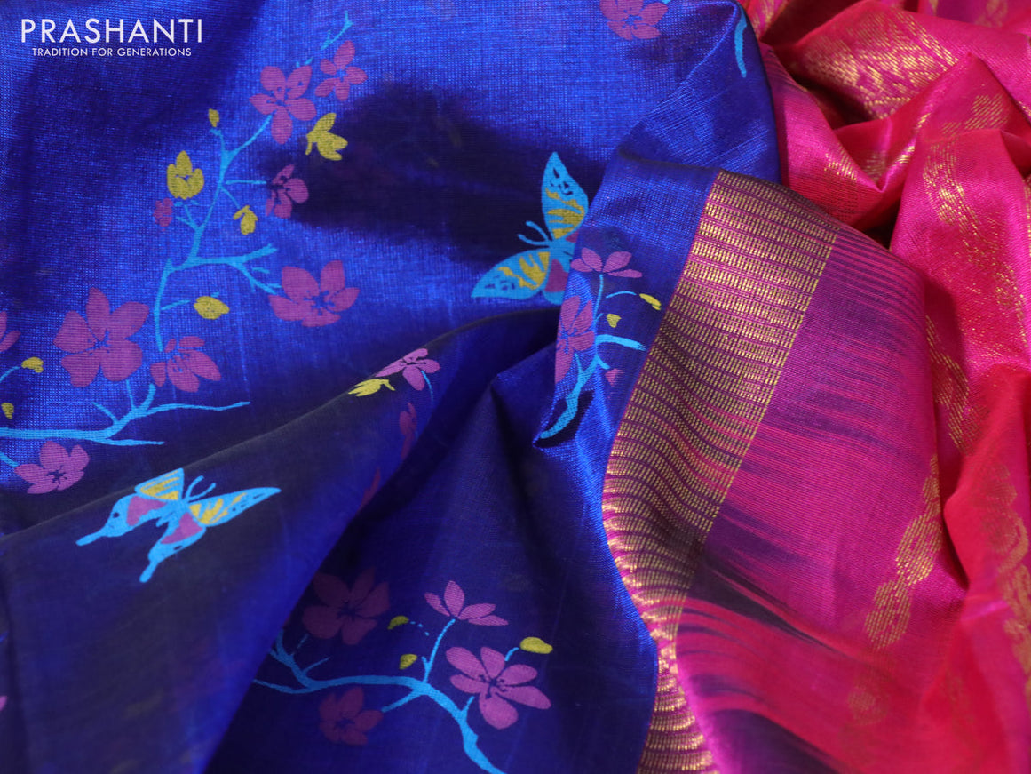 Silk cotton saree blue and pink with allover kalamkari prints and zari woven korvai border