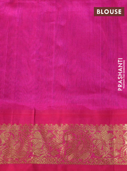 Silk cotton saree blue and pink with allover kalamkari prints and zari woven korvai border