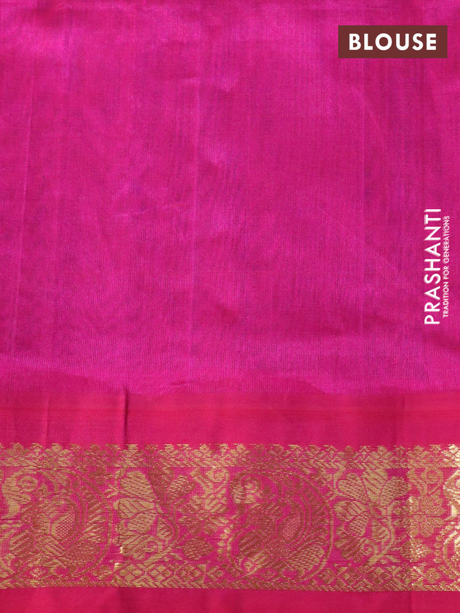 Silk cotton saree blue and pink with allover kalamkari prints and zari woven korvai border