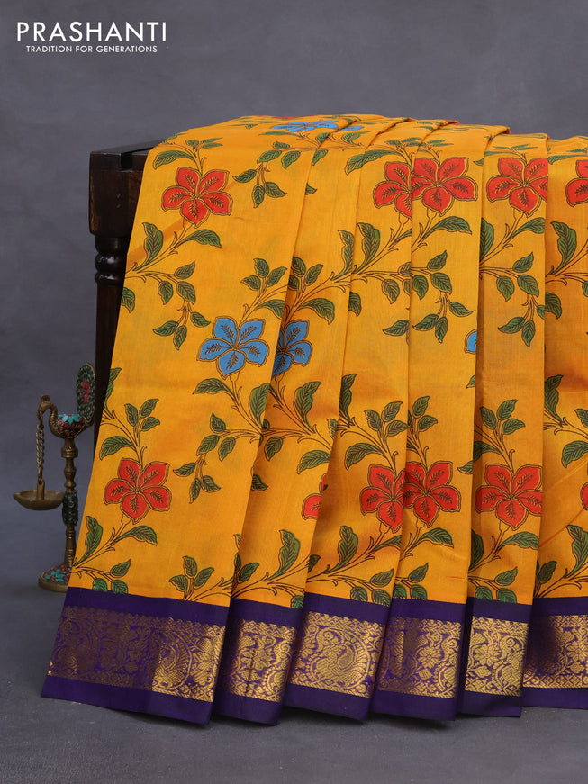 Silk cotton saree mango yellow and violet with allover kalamkari prints and zari woven korvai border