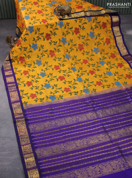 Silk cotton saree mango yellow and violet with allover kalamkari prints and zari woven korvai border