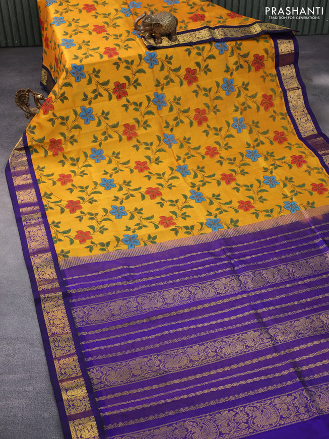 Silk cotton saree mango yellow and violet with allover kalamkari prints and zari woven korvai border