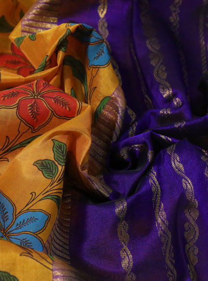 Silk cotton saree mango yellow and violet with allover kalamkari prints and zari woven korvai border