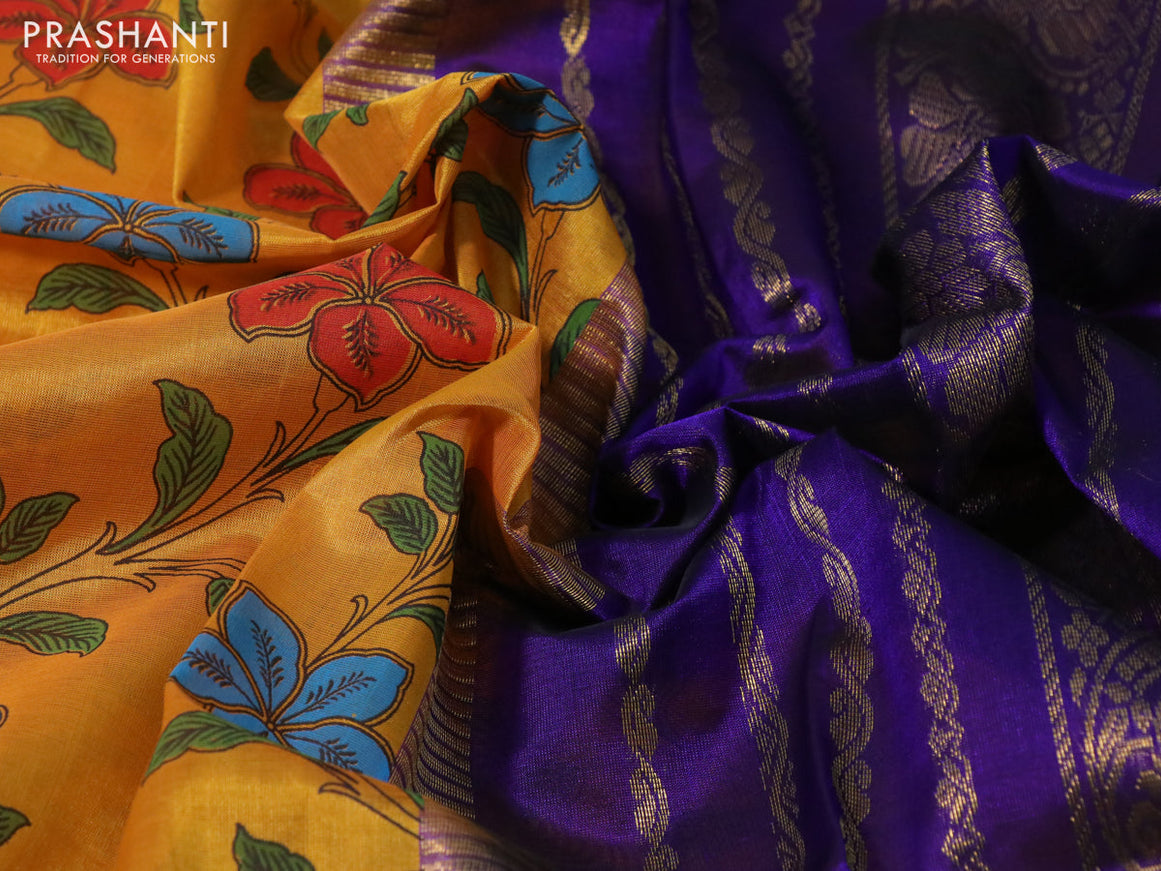 Silk cotton saree mango yellow and violet with allover kalamkari prints and zari woven korvai border