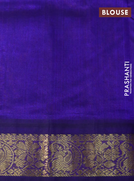 Silk cotton saree mango yellow and violet with allover kalamkari prints and zari woven korvai border