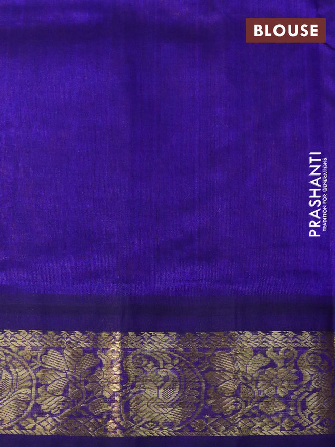 Silk cotton saree mango yellow and violet with allover kalamkari prints and zari woven korvai border