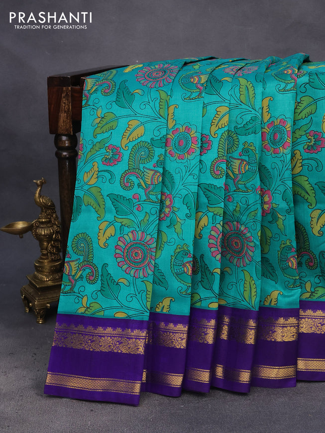 Silk cotton saree teal green and blue with allover kalamkari prints and rettapet zari woven korvai border