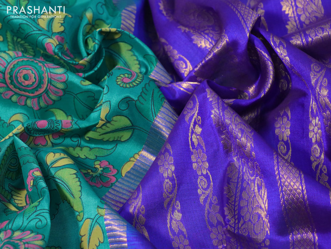 Silk cotton saree teal green and blue with allover kalamkari prints and rettapet zari woven korvai border