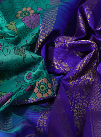 Silk cotton saree teal green and blue with allover kalamkari prints and rettapet zari woven korvai border