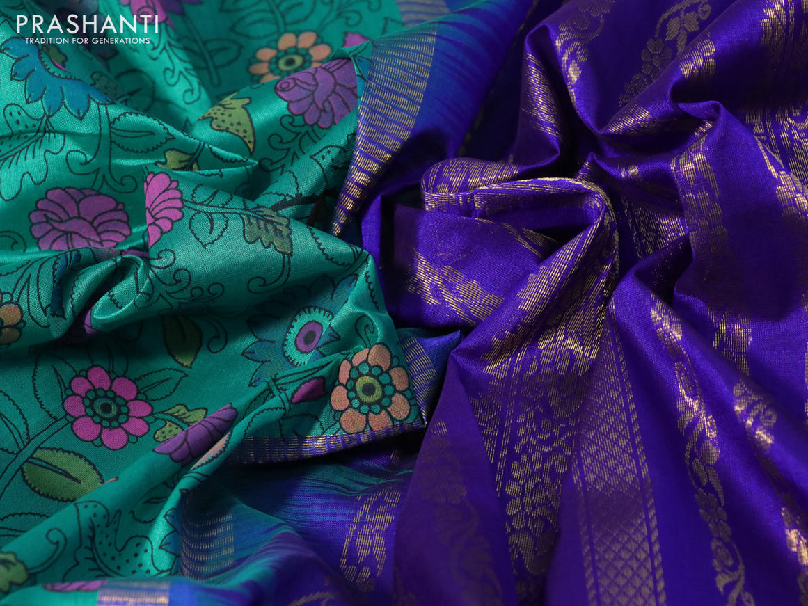 Silk cotton saree teal green and blue with allover kalamkari prints and rettapet zari woven korvai border