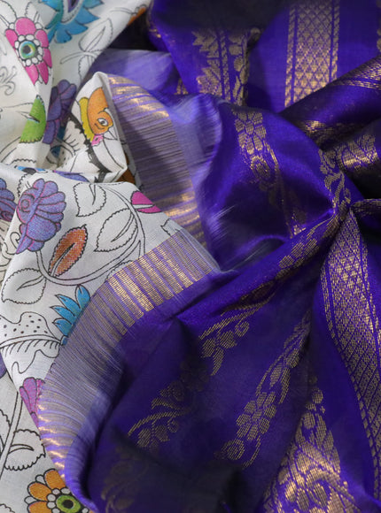 Silk cotton saree off white and blue with allover kalamkari prints and rettapet zari woven korvai border