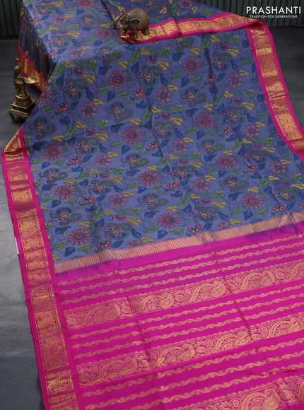 Silk cotton saree grey and pink with allover kalamkari prints and zari woven korvai border