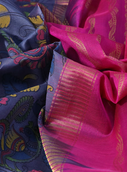 Silk cotton saree grey and pink with allover kalamkari prints and zari woven korvai border