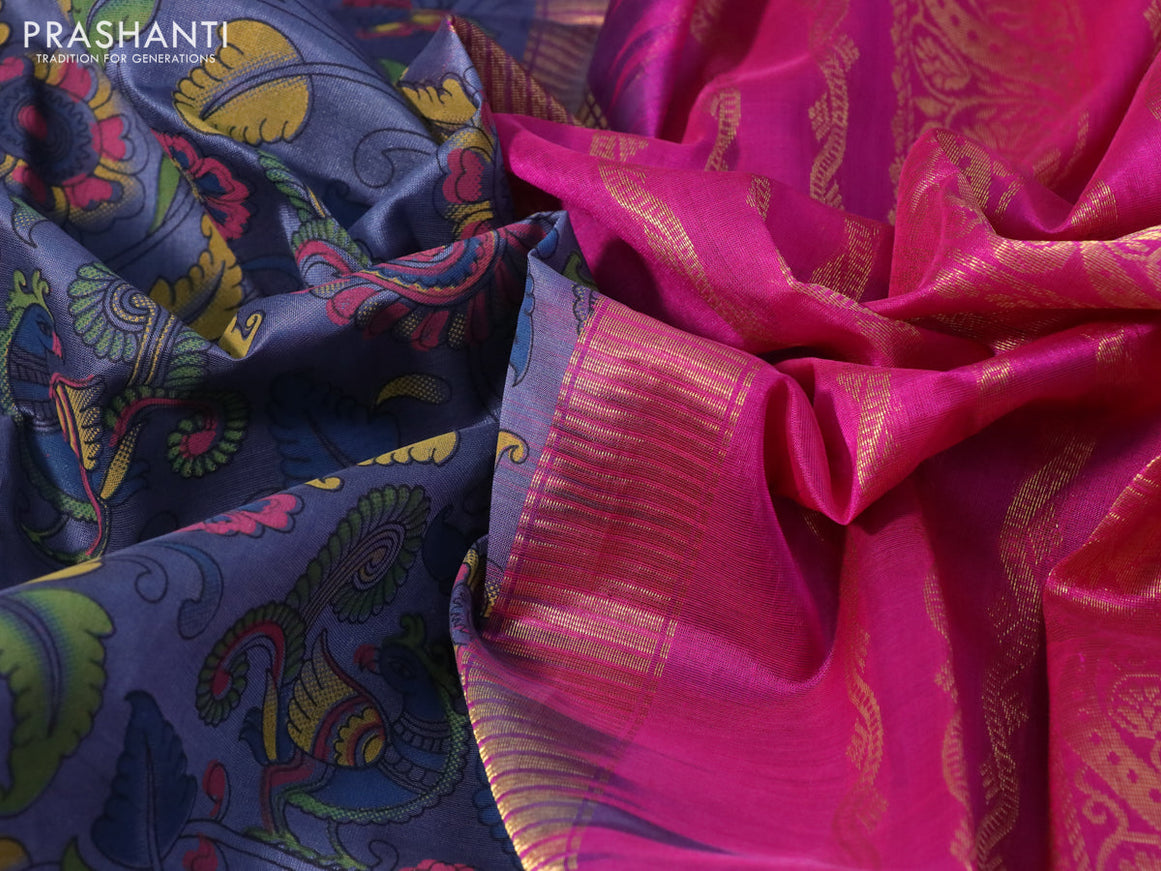 Silk cotton saree grey and pink with allover kalamkari prints and zari woven korvai border