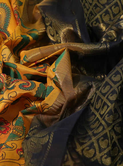 Silk cotton saree mustard yellow and black with allover kalamkari prints and zari woven korvai border