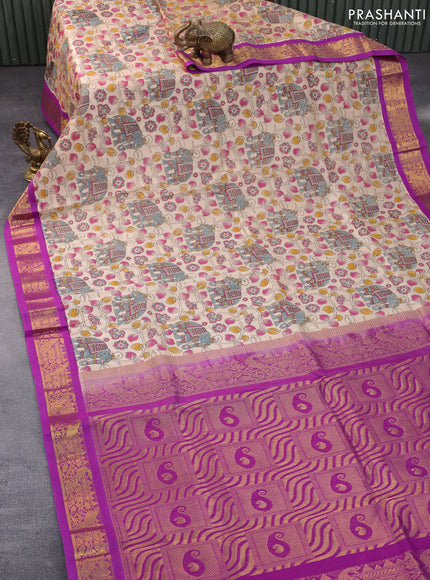 Silk cotton saree cream and purple with allover kalamkari prints and zari woven korvai border