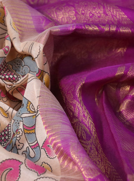 Silk cotton saree cream and purple with allover kalamkari prints and zari woven korvai border