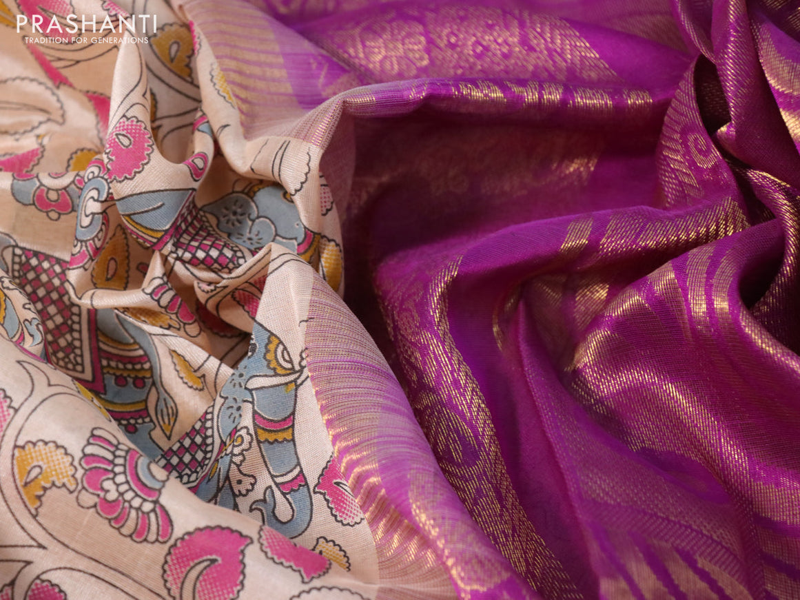 Silk cotton saree cream and purple with allover kalamkari prints and zari woven korvai border