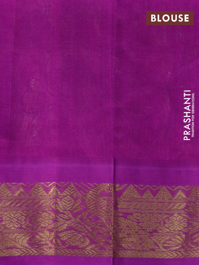 Silk cotton saree cream and purple with allover kalamkari prints and zari woven korvai border