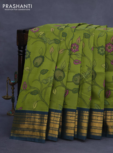 Silk cotton saree light green and green with allover kalamkari prints and zari woven korvai border