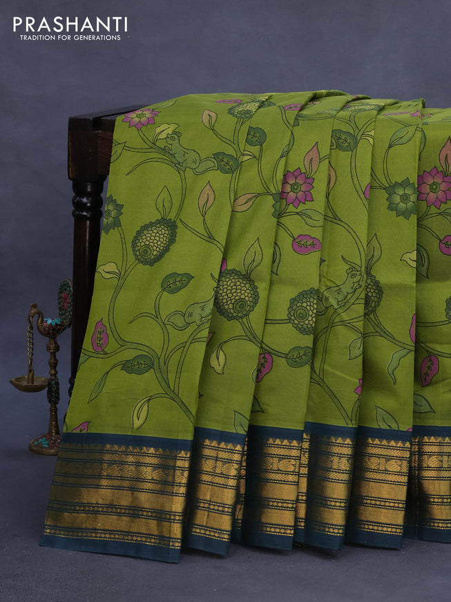 Silk cotton saree light green and green with allover kalamkari prints and zari woven korvai border