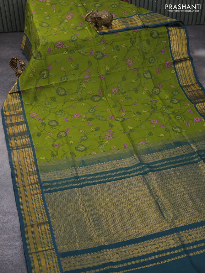 Silk cotton saree light green and green with allover kalamkari prints and zari woven korvai border