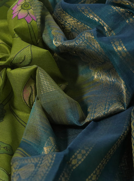 Silk cotton saree light green and green with allover kalamkari prints and zari woven korvai border