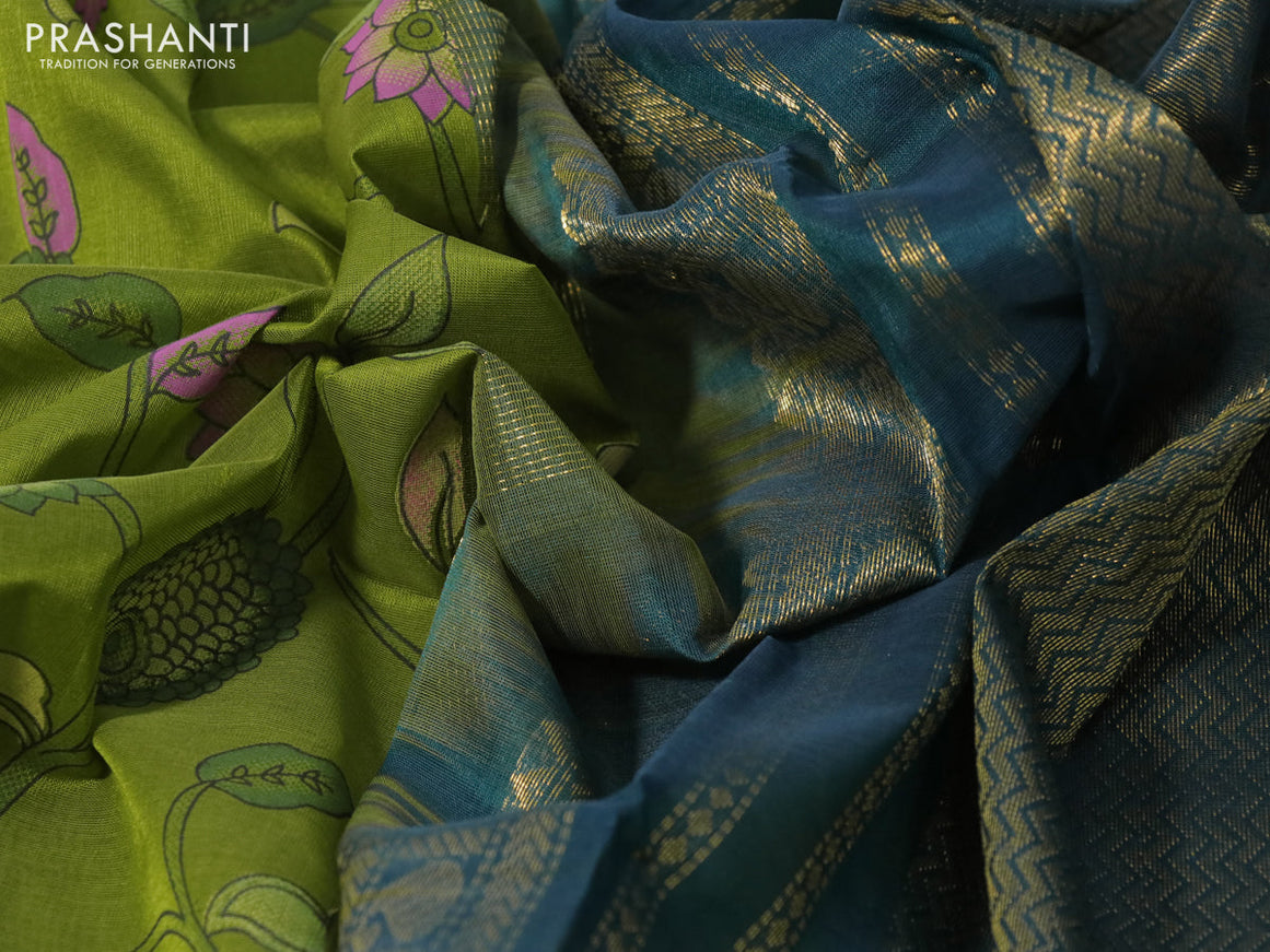 Silk cotton saree light green and green with allover kalamkari prints and zari woven korvai border